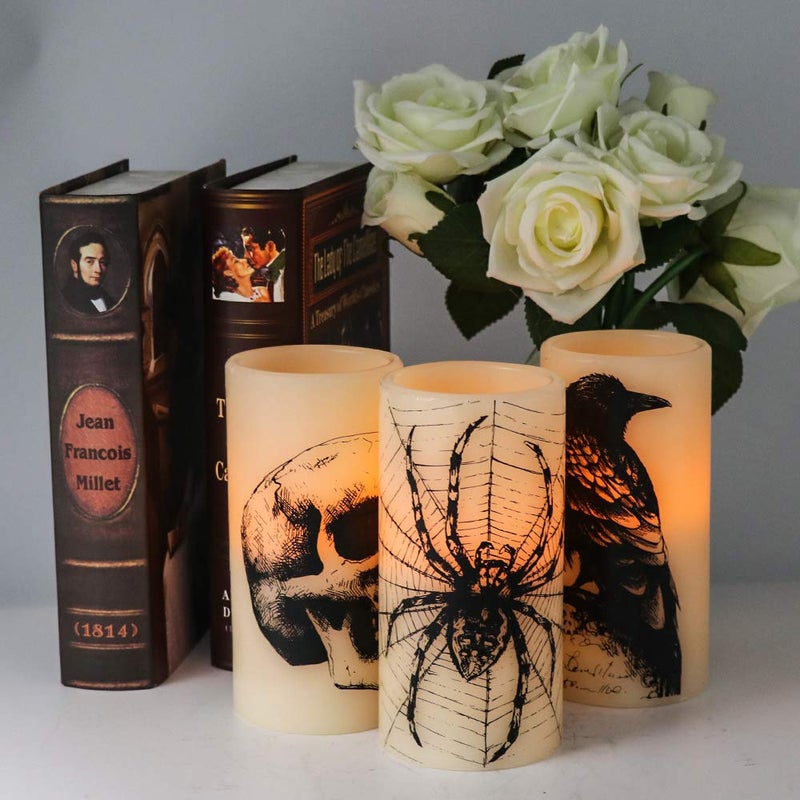 DRomance Halloween Flameless Flickering Candles Battery Operated with 6 Hour Timer White Real Wax Spooky LED Pillar Candles Skull Spider Crown Decals Hallloween Indoor Decor(3 x 6 Inches) - Image 2
